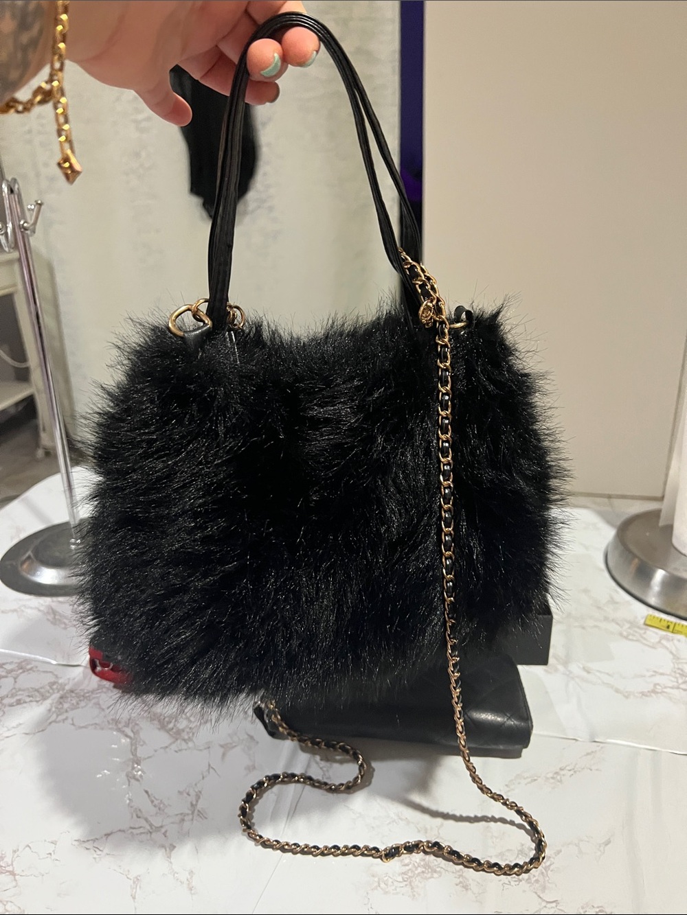 Faux Fur Black Tote with Gold Chain Strap - Women Bags